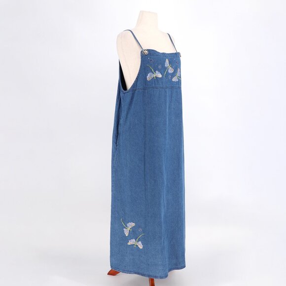 VINTAGE QUACKER FACTORY Dragonfly Embroidered Denim Maxi Overall Dress Size 16 - Picture 2 of 6